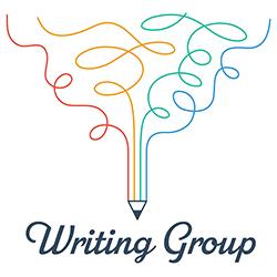 Pencil with colorful lines and the words "Writing Group"