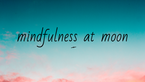 The words "mindfulness at moon" hover over a blue-pink sky. A lone bird floats beneath the sentence.