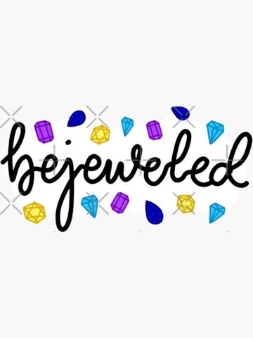 The word "bejeweled" in black surrounded by multicolored jewels