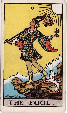Tarot Card 0: The Fool as depicted in the Rider-Waite-Smith deck.
