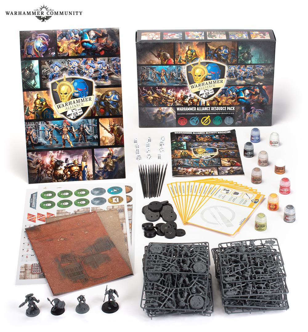 Warhammer 40,000 Alliance Resource Pack of miniatures, paints, and booklets.