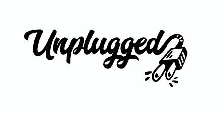 black & white image of the word "unplugged" with a dangling plug